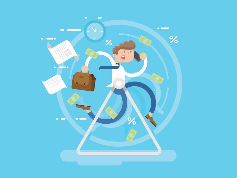 Tegnet billede af mand i hamsterhjul